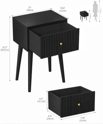 Akxomel Small Nightstand Set 2 Fluted Wooden Nightstands Wood Legs Black