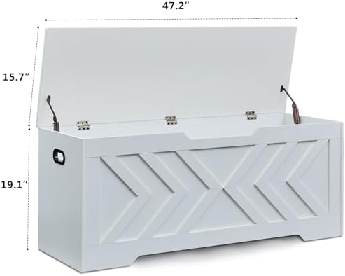 47.2” Storage Bench,Extra Large Wooden Storage Chest with 2 Safety Hinges,entryway Bench,Blanket Storage,Shoe Storage Bench for Entryway,Bedroom,Living Room,Easy Assembly. (White)