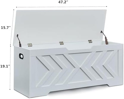 47.2” Storage Bench,Extra Large Wooden Storage Chest with 2 Safety Hinges,entryway Bench,Blanket Storage,Shoe Storage Bench for Entryway,Bedroom,Living Room,Easy Assembly. (White)