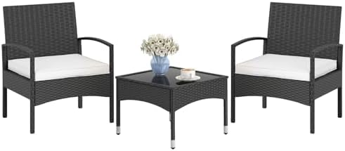 Tangkula 3-Piece Patio Furniture Set, Rattan Bistro Chairs with Soft Cushions, Tempered Glass Top Coffee Table, Outdoor Wicker Conversation Set for Porch Balcony Backyard Poolside (Beige)