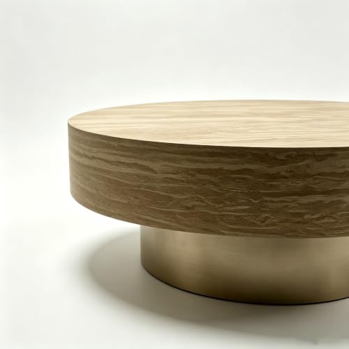 31.88" Round Travertine Coffee Table with Gold Pedestal Base