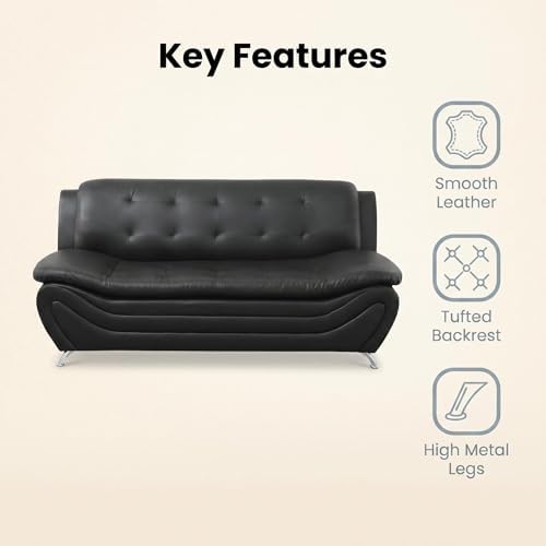 Modern Faux Leather Sofa – 3-Seater Couch with Chrome Legs, Tufted Back & Curved Base – Contemporary Lounge for Living Room, Home Office & Reception Area (Black)