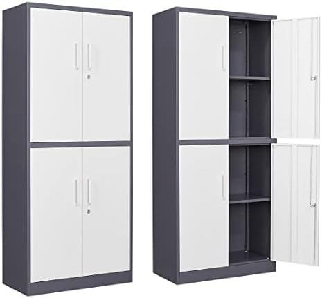 Yizosh Metal Storage Locking Cabinet with 4 Doors and 2 Adjustable Shelves,71" Lockable Garage Tall Steel Cabinet,for Home Office,Living Room,Pantry,Gym,Commercial Storage (Gray White)