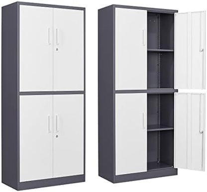 Yizosh Metal Storage Locking Cabinet with 4 Doors and 2 Adjustable Shelves,71" Lockable Garage Tall Steel Cabinet,for Home Office,Living Room,Pantry,Gym,Commercial Storage (Gray White)