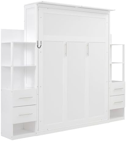Queen Murphy Bed Cabinet, Space Saving Wall Bed with Storage and Lights