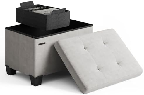 Storage Ottoman Cube with Small Bin, 16-in Square Ottoman with Storage for Living Room and Bedroom, Small Ottomans Foot Rest, Velvet Foot Stools Ottomans Max 330lbs, Light Grey