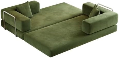 Green Corduroy Convertible Sofa Bed, No Assembly, Removable Backrest & Arms