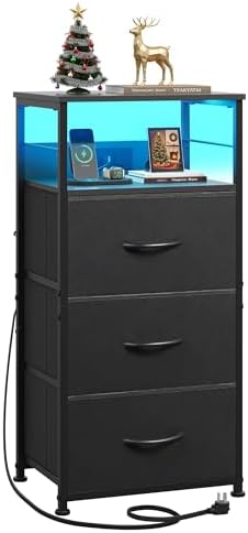 WLIVE Night Stand with Charging Station, Black LED 3 Drawers Bedside Table