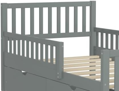 Bellemave Kids Twin Bed Frame with Fences and 2 Drawers, Twin Size Wooden Platform Bed with Guardrails on Both Sides for Boys Girls, Grey