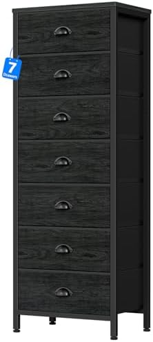 Black Bedroom Dresser, Tall Chests of Drawers with 7 Fabric Bins