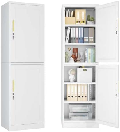 67" Tall Narrow Metal Storage Cabinet with Lock, Locking File Cabinet with 4 Adjustable Shelves and 2 Doors, Steel Locker Cabinets for Bathroom, Kitchen, Home Office, School(White)