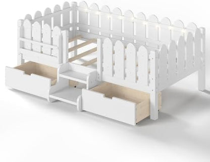 Bellemave Twin Size Platform Bed with Storage Drawers & Bookshelf for Boys Girls, Kids Twin Bed Frame with LED Lights & Stairs for Children's Room, White