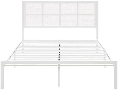 Lexicon Metal Bed Frame with Rattan Headboard, Platform Bed with Strong Metal Slat Support Under Bed Storage, Boho Faux Cane Bed, Mattress Foundation No Box Spring Needed, Queen Bed, White
