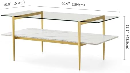 Rectangle Coffee Table for Living Room, Mid-Century Modern Design, L41 x W21 x H17, 2-Tier Structure, Clear Glass Top and White Marble Finish Wood Shelf, Conical Legs with Gold Finish