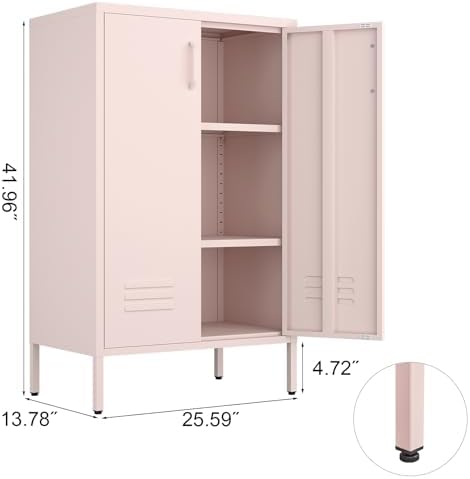 IRONFFICE Storage Cabinet,Metal Cabinets with Doors and Shelves,2 Doors Locker Cabinet with Legs,Metal Locker Storage Cabinets for Tools, Equipment and Office Files,Pink