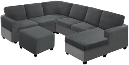 UNBBRRL Seat Cushion Cover and Back Covers for Corner Sofa Stretch Jacquard, Non Slip L Shaped Sofa Slipcover with Storage Ottoman, Sectional Couch Cover for Chaise Lounge (Mid Grey,16 x 45 x 6”)