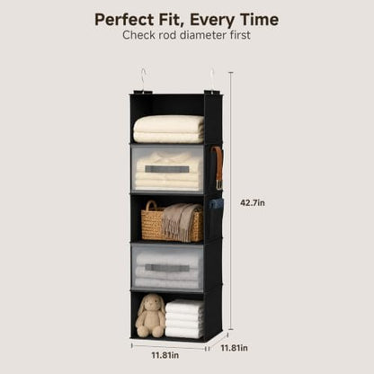 5-Layer Suspended Fabric Shelf Organizer, Equipped with 2 Sturdy Hooks, 2 Separate Drawers, and Foldable Hanging Storage (Black)