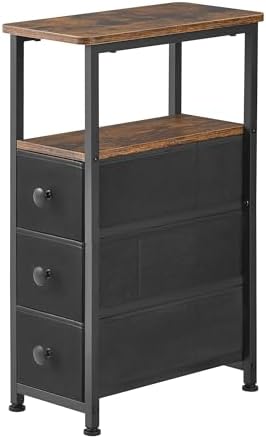 End Table, Narrow Side Table with 3 Fabric Drawers, Slim Nightstand, Small Bedside Table with Storage, Living Room, Bedroom, Rustic Brown HKET1300BR