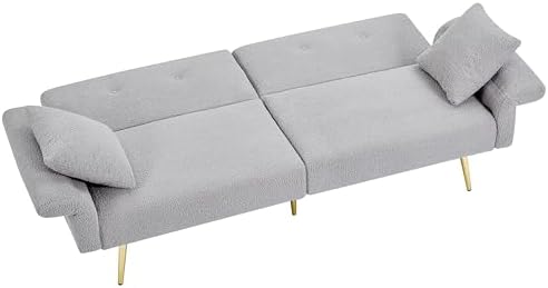Futon Sofa Bed, Teddy Convertible Couches with Side Pocket, Gray