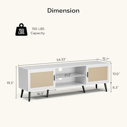 TV Stand with Rattan Doors for TVs up to 65", Mid-Century, White