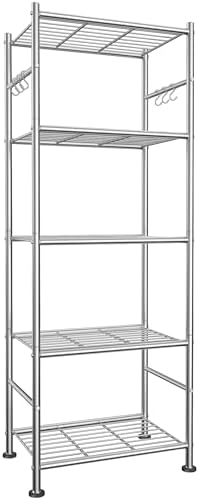 5-Tier Storage Shelves with Hooks, 18.1" x 12.4" x 56.8", Silver