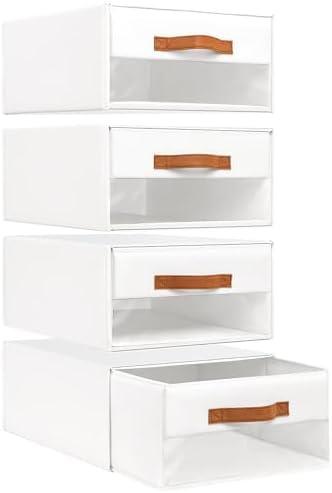 DIMJ Closet Organizers and Storage - Fabric Bins with Drawers for Closet Foldable Clothes Organizers with Clear Window, Stackable Storage Drawers Units for Bedroom, Living Room, 4-Pack, White