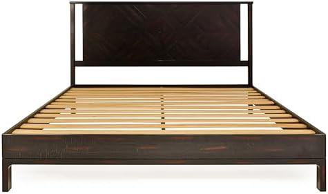 Bme Ethan King Size Bed Frame with Diamond Headboard, Rustic Mid-Century Modern, Solid Acacia Wood, No Box Spring Needed, Slat Support, Rustic Black