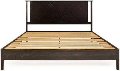 Bme Ethan King Size Bed Frame with Diamond Headboard, Rustic Mid-Century Modern, Solid Acacia Wood, No Box Spring Needed, Slat Support, Rustic Black