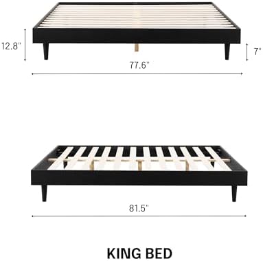 Fly Wooden Bed Frame Without Headboard, Solid Oak and Rubber Wood Foundation with Silent Slats and Wood Central Supports, 1000 Lb Capacity, Effortless Assembly, King - Burnt Black