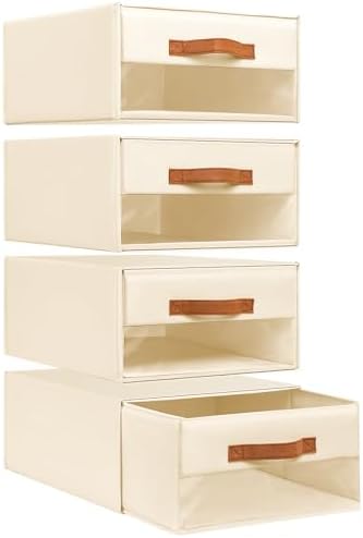 DIMJ Closet Organizers and Storage - Fabric Bins with Drawers for Closet Foldable Clothes Organizers with Clear Window, Stackable Storage Drawers for Bedroom, Living Room, 4-Pack, Beige