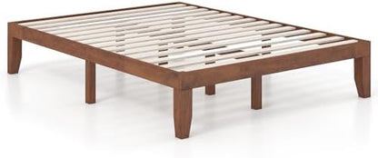 KOMFOTT 14 Inches Wood Platform Bed Frame Queen Size, Wooden Mattress Foundation with Rubber Wood Frame, Strong Wooden Slat Support, No Box Spring Needed, Bed Frame (Brown Cherry)