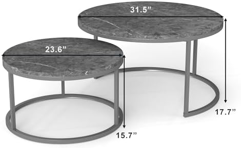 Nesting Coffee Table Set of 2, 31.5" Round Coffee Table Wooden Marble Pattern Accent Furniture, Industrial End Table for Living Room Bedroom Balcony (Gray/Gray)