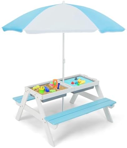 HONEY JOY Kids Picnic Table, 4 in 1 Cedar Wooden Sand & Water Table w/ 2 Removable Box & Umbrella, Kids Picnic Tables for Outdoors Backyard Garden, Toddler Patio Furniture Set for Boys Girls(Blue)