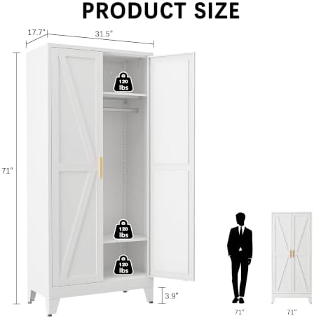 71" Metal Armoire Wardrobe Closet with Hanging Rod, White-X 2 Shelves