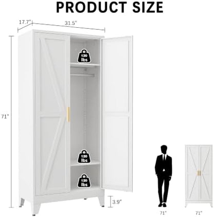 71" Metal Armoire Wardrobe Closet with Hanging Rod, White-X 2 Shelves