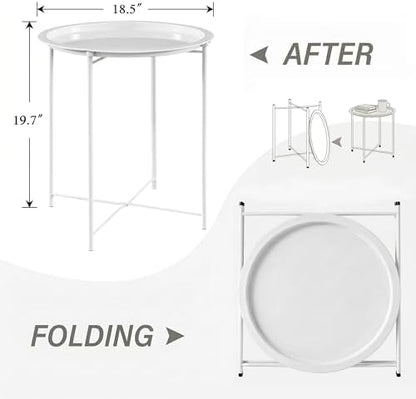VECELO Side/End Table, Folding Round Metal Anti-Rust and Waterproof Outdoor or Indoor Tray for Living Room Bedroom Balcony and Office, 2 PCS, Beige
