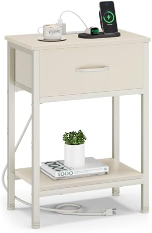 Nightstand with Charging Station, End Table with Fabric Drawer, Small Side Table with 2-Tier Storage Shelves, 25.4" Tall Night Stand, Bedside Table for Bedroom, Living Room, Dorm, Beige