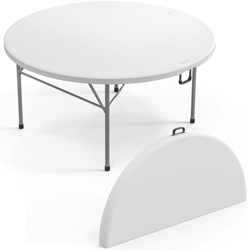 VINGLI White 5 FT Round Bi-Folding Commercial Table, 60 inch Portable Plastic Dining Card Table for Kitchen Party Wedding Event, 2-Pack