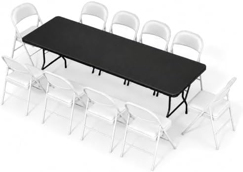 8FT Black Plastic Folding Table Set with 10 White PU Padded Chairs