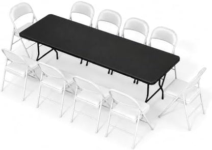 8FT Black Plastic Folding Table Set with 10 White PU Padded Chairs