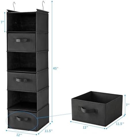 6 Tier Foldable Hanging Closet Organizer with Hooks, Black-D3