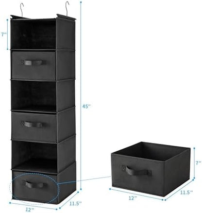 6 Tier Foldable Hanging Closet Organizer with Hooks, Black-D3