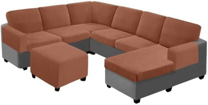 UNBBRRL Seat Cushion Cover and Back Covers for Corner Sofa Stretch Jacquard, Non Slip L Shaped Sofa Slipcover with Storage Ottoman, Sectional Couch Cover for Chaise Lounge (Rust red,47 x 47 x 6”)