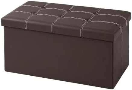 30 Inches Folding Storage Ottoman Bench, Faux Leather Footstool Ottoman, Storage Trunk Footrest for Bedroom, Living Room and Hallway, Support 350lbs, Brown (White line)