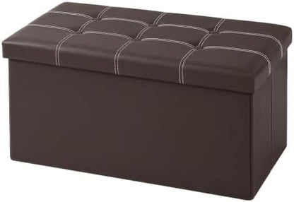 30 Inches Folding Storage Ottoman Bench, Faux Leather Footstool Ottoman, Storage Trunk Footrest for Bedroom, Living Room and Hallway, Support 350lbs, Brown (White line)