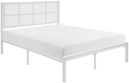 Lexicon Metal Bed Frame with Rattan Headboard, Platform Bed with Strong Metal Slat Support Under Bed Storage, Boho Faux Cane Bed, Mattress Foundation No Box Spring Needed, Queen Bed, White