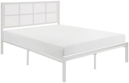 Lexicon Metal Bed Frame with Rattan Headboard, Platform Bed with Strong Metal Slat Support Under Bed Storage, Boho Faux Cane Bed, Mattress Foundation No Box Spring Needed, Queen Bed, White