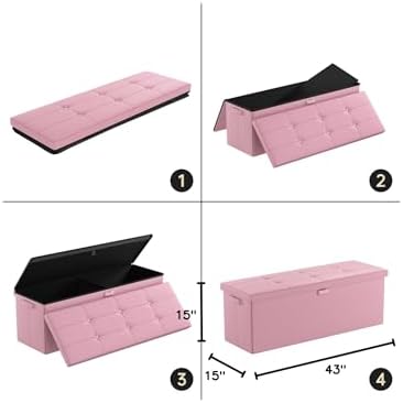 DocSafe Storage Ottoman Bench, Fireproof＆Waterproof Folding Bench with Lock(15”x 43”x15”), Leather Storage Chest with Handles＆2 Extra Boxes, Ottoman Safe for Bedroom,Living Room,Home Office, Pink