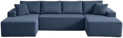 ivoros 124" Cloud Boneless Couch, Oversized Sectional Couches for Living Room, Modern Modular Couch with Cup Holders, Blue Comfy Corduroy U Shape Sofa Couch for Apartment