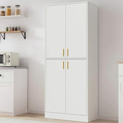 Cozy Castle Kitchen Pantry Cabinet, 71" Tall Wood Storage Cabinet with Doors and Shelves 4 Doors Freestanding Cupboard for Dining Room Living Room Furniture, White